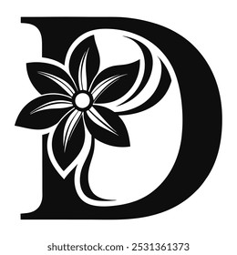 Descubra uma elegante ilustração vetorial da letra D maiúscula com efeitos florais. Perfeito para logotipos, ícones, arte em linha, silhuetas e clipart em desenhos decorativos e criativos.