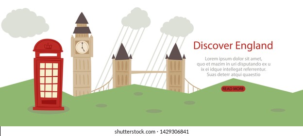 Discover England banner web design vector illustration. London tourist sights and symbols of Great Britain, welcome to United Kingdom