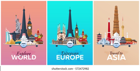 Discover Europe, Explore Europe, travel to Asia. Vacation. Trip to country. Travelling illustration. Modern vector flat