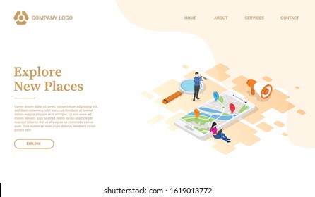 discover or explore new places via smartphone gps website template or landing homepage with isometric style