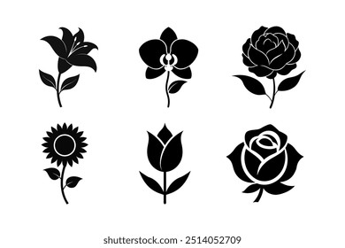 Discover an exquisite collection of flower silhouette vectors, ideal for enhancing your graphic design projects. Perfect for logos, invitations, posters, and more.