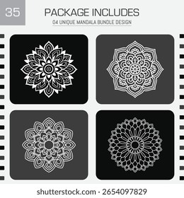 Discover four unique mandala designs in contrasting grayscale. Intricate patterns promote relaxation and creativity in a sleek, modern layout.