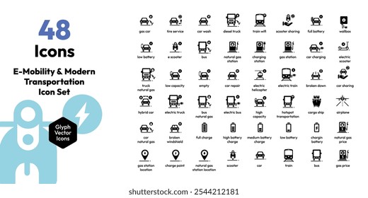 Discover the future of transit with this  "E-Mobility + Modern Transportation Icon Set"! From electric cars to scooters, planes to car-sharing—this set covers all things modern and eco-friendly.