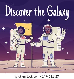 Discover galaxy social media post mockup. Cosmonauts with flag. Advertising web banner design template. Social media booster, content layout. Promotion poster, print ads with flat illustrations