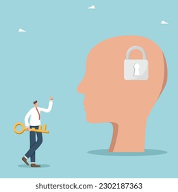 Descubre el genio pensando en ti mismo, encuentra la clave secreta para el crecimiento de carrera o la mejora personal, desarrolla el potencial personal para el éxito o nuevas oportunidades, hombre con una cabeza clave casi grande con candado.