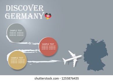 Discover Germany template vector showing the plane approaching the blind map of Germany.  The pattern has plenty of room for your notes and photos.