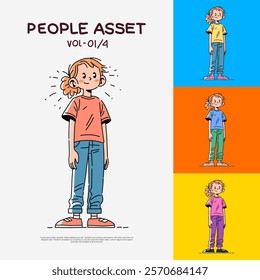 Discover a girl in a casual shirt, standing pose illustration in doodle hand-drawn minimalist style. Simple line vector art in EPS format, perfect for fashion, branding, and creative design projects