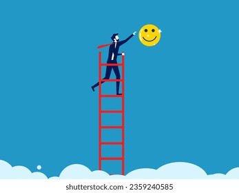 Discover happiness. Businessman climbing a ladder to grab the optimistic icon