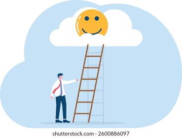 Discover happiness. Businessman climbing a ladder to grab the optimistic icon

