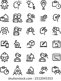 Discover an icon set featuring business symbols, corporate icons, and work icons. Perfect for illustrating agile processes, remote work, and team collaboration. Ideal for office settings.