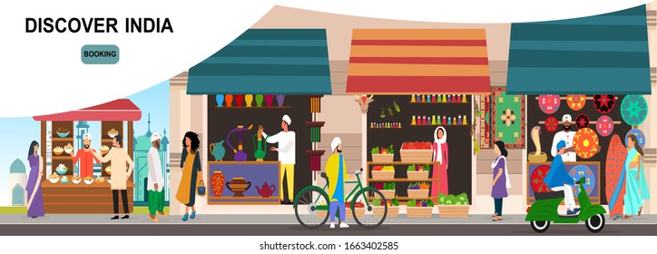 Discover India concept. Vector of a traditional indian market street with buildings, people and passing by transport