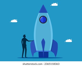 Discover innovation. Businessman with rocket. Vector 