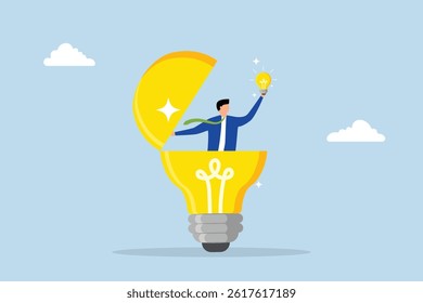 Discover insight, businessman find new lightbulb.