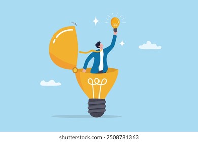 Discover insight or intelligence solution, best result or outcome, solving or finding solution, search new innovation, opportunity or invention, research concept, businessman find new lightbulb.