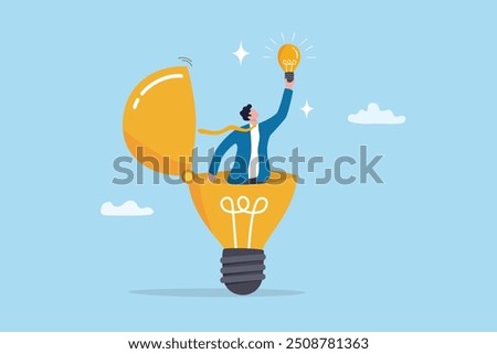 Discover insight or intelligence solution, best result or outcome, solving or finding solution, search new innovation, opportunity or invention, research concept, businessman find new lightbulb.