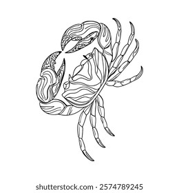 Discover an intricate crab zentangle art illustration, isolated on a white background. Perfect for creative projects, tattoos, decor, and more, this detailed vector design exudes elegance and style.