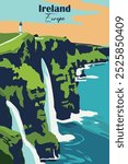 Discover Ireland Island. A Journey Through the North Atlantic with Scenic Landscapes. Flat Vector Design.