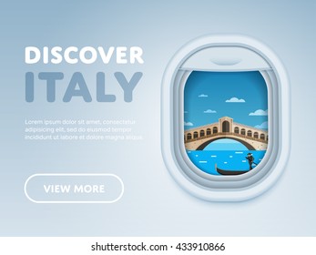 Discover Italy. Traveling the world by plane. Tourism and vacation theme. Attraction of airplane window. Modern flat vector design banner.