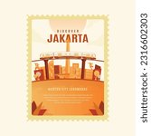 Discover jakarta city landmark flat design on postage template