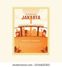 Discover jakarta city landmark flat design on postage template