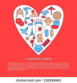 Discover Japan banner in line style. Japanese culture symbols in heart shape. Poster with place for text. Vector illustration.