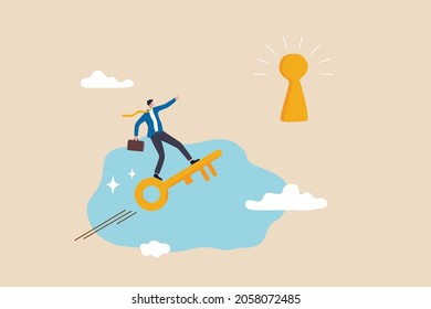 Discover key success, unlock secret creativity to achieve business target, leadership or motivation to find opportunity concept, smart businessman riding flying golden key to discover success keyhole.