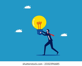 Discover knowledge. Businessman finds a light bulb 