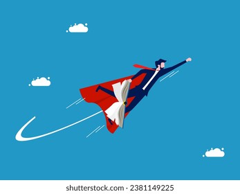 Discover knowledge. Businessman holding a book soars in the sky