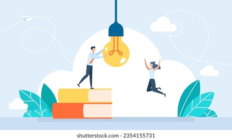 Discover lightbulb idea. Knowledge or education, study or learning new skill. Reading Education, Literature, Encyclopedia, Textbook. Creativity idea, reading book for inspiration. Vector Illustration