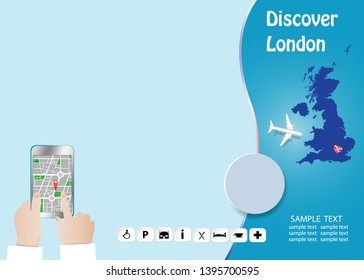 Discover London concept with plane flying over map of Great Britain. Tourist is holding a smart phone showing city map in the empty left side of the vector. All potential trademarks are removed.