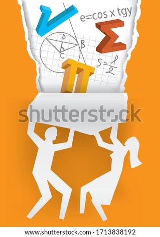 
Discover Mathematics, education concept.
Illustration of two pepole silhouettes ripping paper and discovering  mathematics symbols and notes. Vector available.