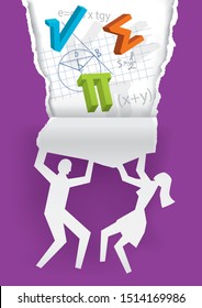 Discover Mathematics, education concept,torn paper. 
Male an female silhouette ripping violet paper with mathematical formulas and symbols. Vector available.
