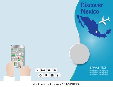 Discover Mexico concept with plane flying over map of Italy. Tourist hands are holding a smart phone showing city map in the empty left side of the vector. All potential trademarks are removed.