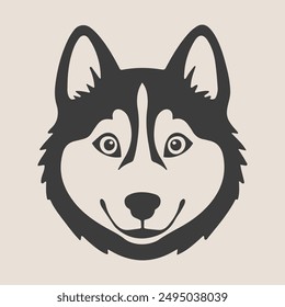 Discover a minimalist husky face vector art in black and white, perfect for logos, stickers, and various designs. This simple yet striking illustration captures the essence of a husky with clean lines