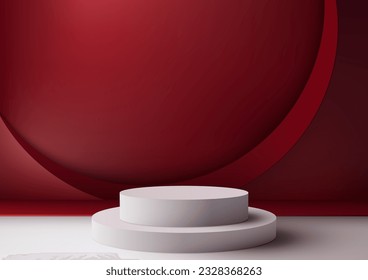 Discover a modern interior concept with our 3D realistic white podium stand placed on a white floor, complemented by a vibrant red circle decoration. This vector illustration mockup is perfect