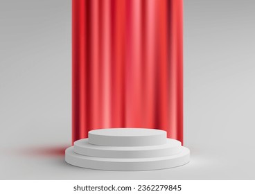 Discover a modern interior concept product display featuring 3D white color podium steps standing gracefully against a captivating red curtain backdrop. The minimalistic style and vector illustrator