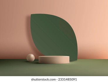 Discover a modern interior concept with this captivating product display showcase. Featuring a 3D beige color podium, a vibrant green leaf backdrop, and a natural aesthetic, Vector illustration