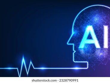 Discover modern technology. Featuring the face of a robot with interlocking lines and AI characters, it represents the rapid development and advancements in artificial intelligence