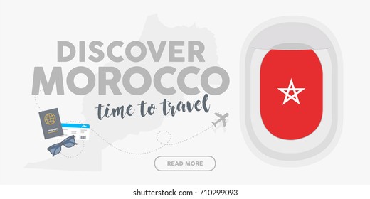 Discover Morocco. Time to travel. World travel and tourism concept flat vector. Plane window banner