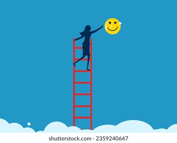 Discover new business opportunities. Businesswoman climbing a ladder to grab the optimistic icon