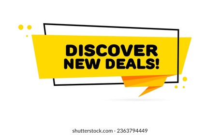 Discover new deals. Flat, yellow, offers sign, discover new deals. Vector icon