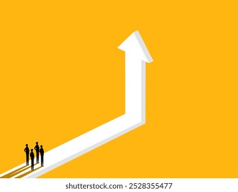 Discover new growth. Businessman team on an arrow pointing up