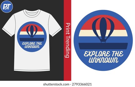Discover new horizons with this adventurous hot air balloon graphic. Featuring a vintage badge layout, this wanderlust-inspired design is perfect for travel enthusiasts, outdoor explorers, and summer vacation clothing.