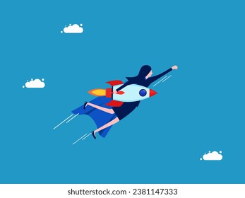 Discover new innovations. Businesswoman hero holds a rocket and flies in the sky