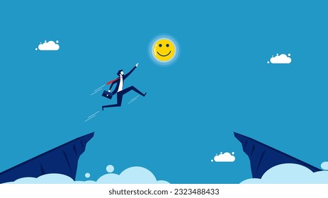 Discover a new life. Businessman jumping and grabbing happiness