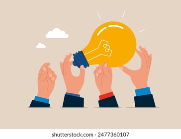 Discover new solution. Innovation idea to success. Aspiration to win and success in business. Business team teamwork help carry big smart light bulb innovation idea. Flat vector illustration