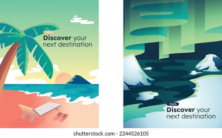 Discover new travel destinations beach and northern lights vector illustrations