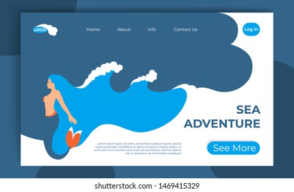 Discover new world. Sea adventure vector website template, web landing page design for mobile site. Mermaid with hair ocean waves. Sea underwater trip concept flat illustration