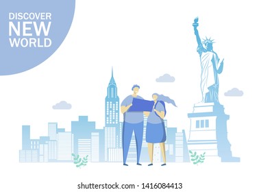 Discover new world vector flat style design illustration. Travel to America concept with traveling couple and New York city skyscrapers with Statue of Liberty for web banner, website page etc.