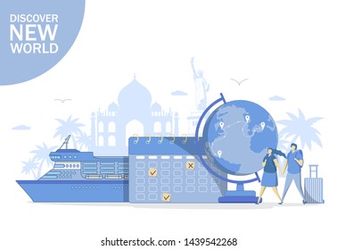 Discover new world vector flat style design illustration. Worldwide sea traveling concept with cruise liner, globe, calendar, tourist couple and world famous landmarks for web banner, website page etc